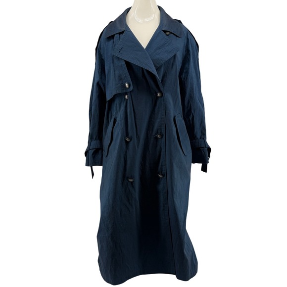 London Fog Blue Trench Coat Women's 8 Petite Double Breasted Belted - Picture 7 of 12